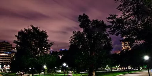 A photograph Boston Common at night, the sky has an eerie purple tone, the common looks haunted...