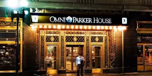 The external front of the Omni Parker House at night, not visible are the many ghosts that haunt the house.