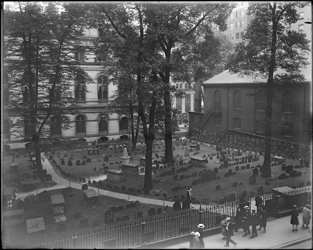 photo is black and white and shows an overhead view of Kings Chapel Burial Ground in 1929.