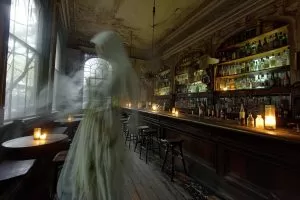 Depiction of a ghost in a bar